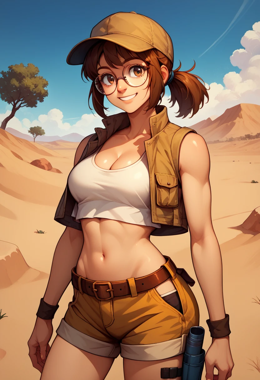 score_9, score_8_up, score_7_up, source_anime, fiogermi,fio germi, brown hair, glasses, medium hair, ponytail, brown eyes, crop top, hat, jacket, knee pads, shorts, sleeveless, navel, belt, outdoors, desert , tank in background , smile, cleavage, looking at viewer, cowboy shot, dutch angle, solo,