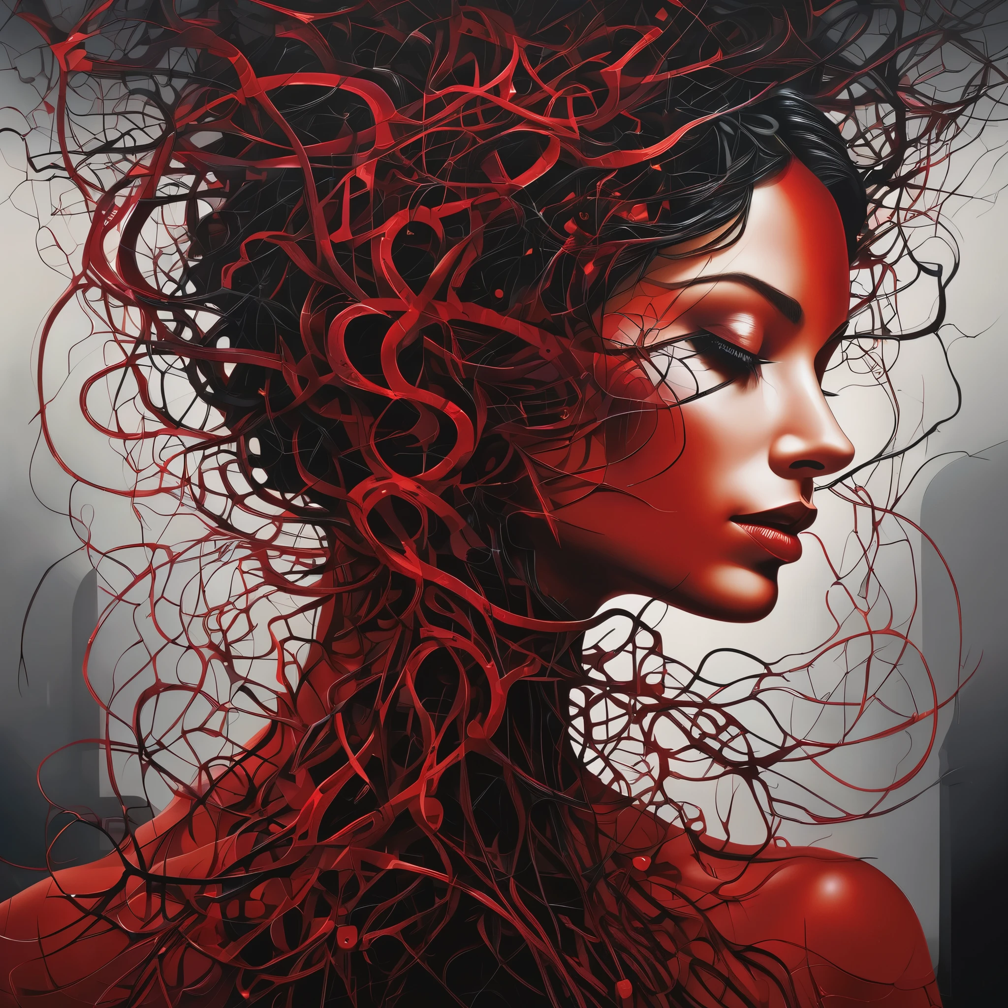 LOVE appears as a deep, tangled root system, intertwining with the dark side of the algorithm. This intricate network of emotions and calculations is depicted in a stunning oil painting, showcasing the complexity and beauty found within the collision of human passion and technological influence. Rich, vibrant hues of red and black dance across the canvas, capturing the viewer's gaze with their striking contrast. Each detail is meticulously rendered, from the delicate tendrils of the roots to the ominous shadows cast by the algorithmic presence. This evocative image is a masterpiece of storytelling, seamlessly blending the warmth of love with the chilling grasp of modern technology.