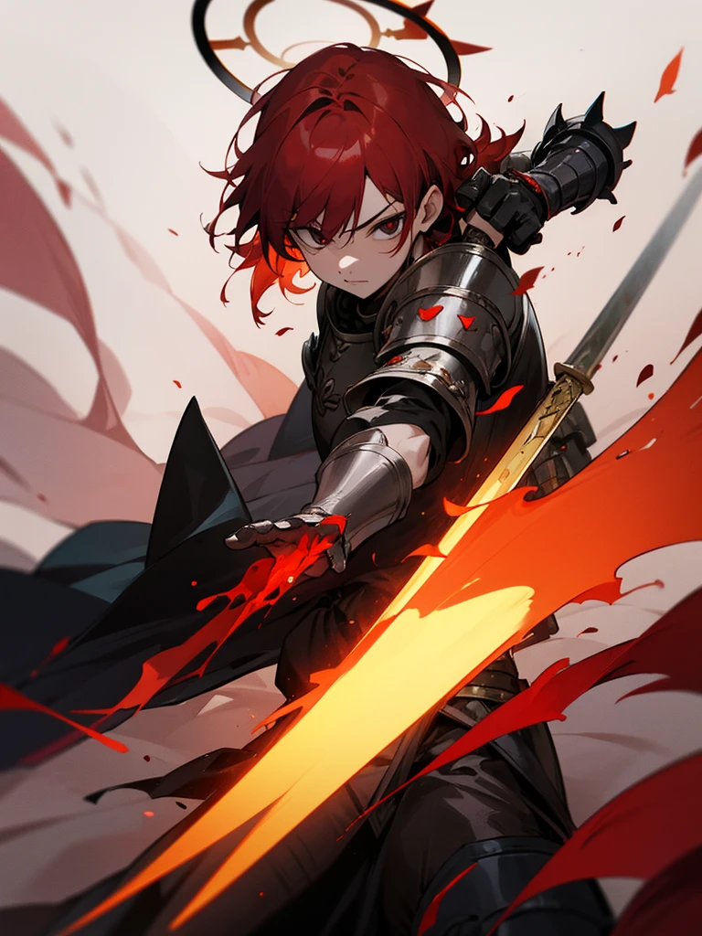 Rakshasa-ten Red hair Black armor Burning halo Black eyes Holds the evil-destroying sword in his right hand