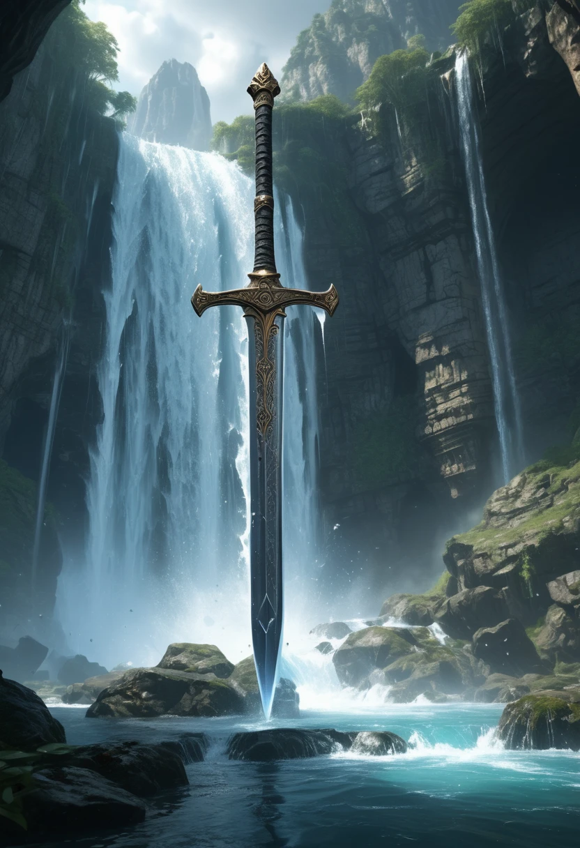 A huge sword under the Waterfall, fantasy art, (best quality, masterpiece, Representative work, official art, Professional, Ultra intricate detailed, 8k:1.3)