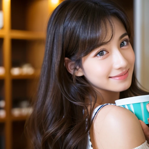Beautiful consideration,Beautiful lip detail,Very detailed目と顔,Long eyelashes,young outline,Innocent smile,Realistic,photoRealistic:1.37,Very detailed,Professional,Vibrant colors,Studio Lighting,Sharp focus,Physically Based Rendering,High resolution,超High resolution、Wide-angle lens、One girl、11 years old、blue eyes, Long Hair，Curly Hair、Black Hair，Lower eyelids，White dress，Professionalフィール，The background is inside a coffee shop.、Coffee beans lined up on a cupboard in the background、Place the cake near the audience、Holding a cup of coffee in one hand、Place a retro camera on the edge of the desk