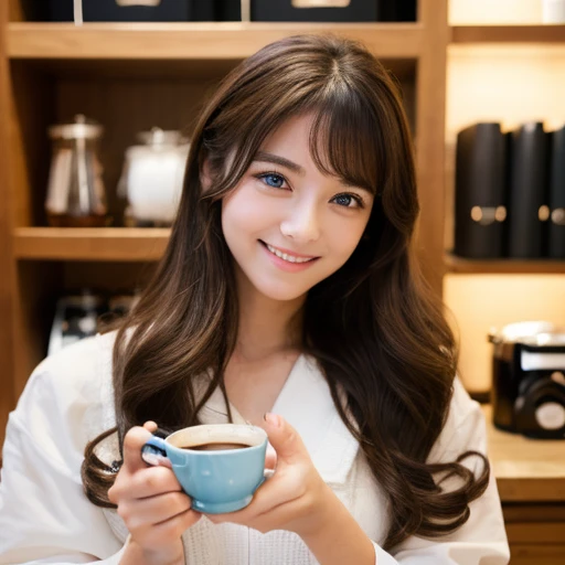 Beautiful consideration,Beautiful lip detail,Very detailed目と顔,Long eyelashes,young outline,Innocent smile,Realistic,photoRealistic:1.37,Very detailed,Professional,Vibrant colors,Studio Lighting,Sharp focus,Physically Based Rendering,High resolution,超High resolution、Wide-angle lens、One girl、、blue eyes, Long Hair,Curly Hair、Black Hair,Lower eyelids,White dress,Professionalフィール,The background is inside a coffee shop.、Coffee beans lined up on a cupboard in the background、Place the cake near the audience、Holding a cup of coffee in one hand、Place a retro camera on the edge of the desk