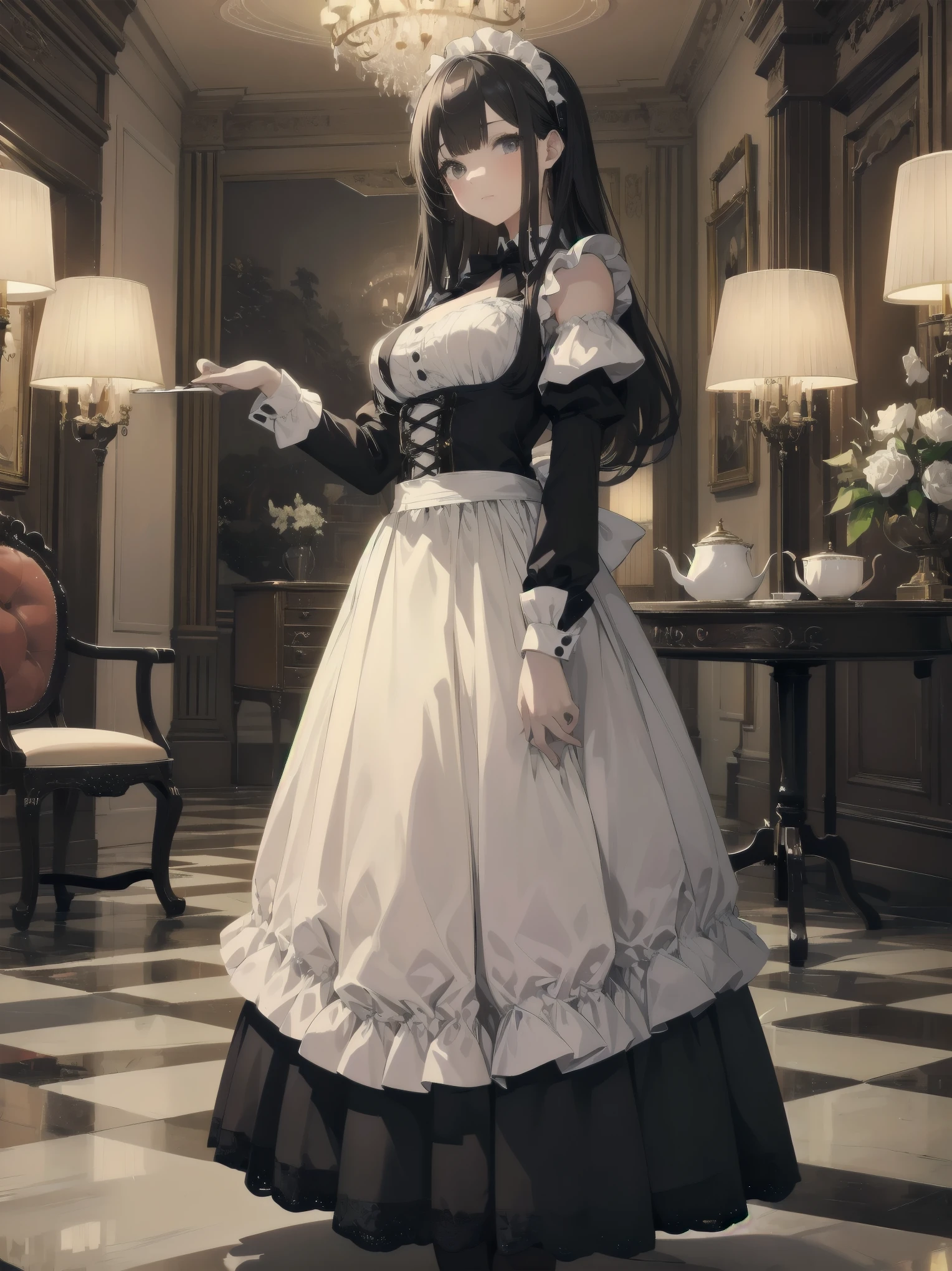 Illustration of a beautiful girl in a cute pose,(Masterpiece: 1.2), (Best quality: 1.2), A cute girl with long black hair, dressed in a classic black and white maid outfit with frilly lace and a matching headband, is standing in a beautifully decorated Victorian-style parlor. She is holding a silver tray with a teapot and teacup, her expression a mix of professionalism and warmth. The background includes ornate furniture, a chandelier, and large windows with heavy drapes, all bathed in soft afternoon light. This illustration emphasizes the elegant and welcoming atmosphere of a high-class tea service
