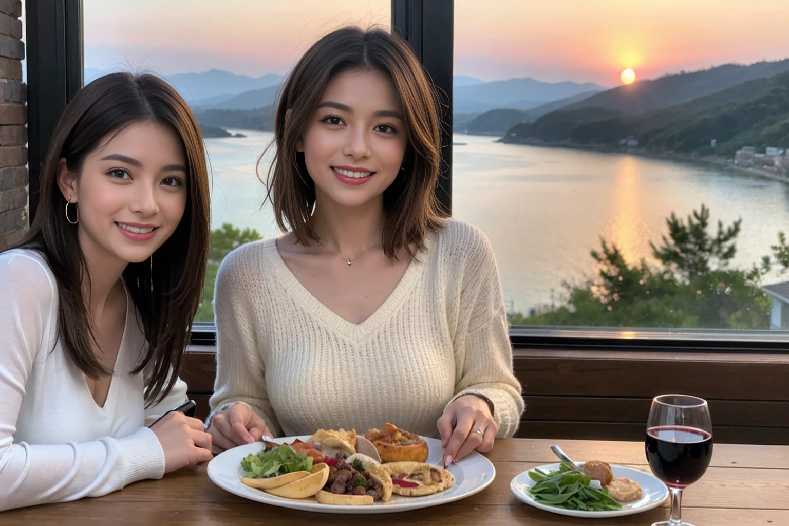 (Realistic:1.1),(masterpiece,Highest quality),8k,(49 years old), 47 years old, slimカップル、Model Couple、actress/actor、Tight waist,Upper Body,full-course dinner、wine 、Amazing view of the sunset sky and clouds、Perfect Anatomy, Brown Hair, short hair,Random Hairstyles,((Highly detailed face and eyes:1.2)),Perfect golden ratio face,Long sleeve shirt、dress,(smile:1.2)、Shortcuts、cute、(Realistic, Intricate details:1.2), A bright smile、short hair,Bright Face、赤wine 、Appetizers、Italian food、wine bottle、Champagne、スパークリングwine、(slimな顔), (The body is slim), (Brown Hair), (Shortcuts), Upper Body, 白wine, slim, wineグラス,
