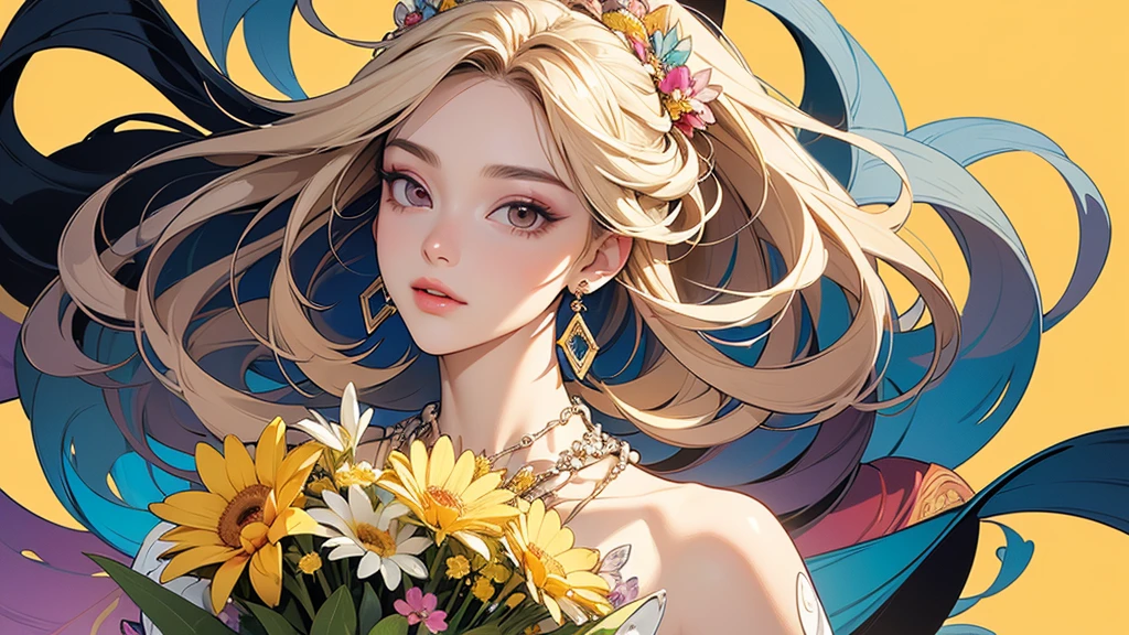 32K, 最高quality, 最高masterpiece, (ultra-Detailed Background, Detailed Background), Absurd, High resolution, Super detailed, Very detailedな, One girl, (bouquet:1.3), (Tangled:1.2), (Geometric:1.2),(colorful),(masterpiece, quality, best quality, Official Art, Beautiful and beautiful:1.2), (1 girl:1.3), Very detailed,(colorful:1.1)(Flowers:1.3),Most detailed,(Tangled:1.2), whole body, (Abstract background:1.3), (Skin glows), (Many colors:1.4), ,(Earrings Jewelry:1.5), Pale yellow background,