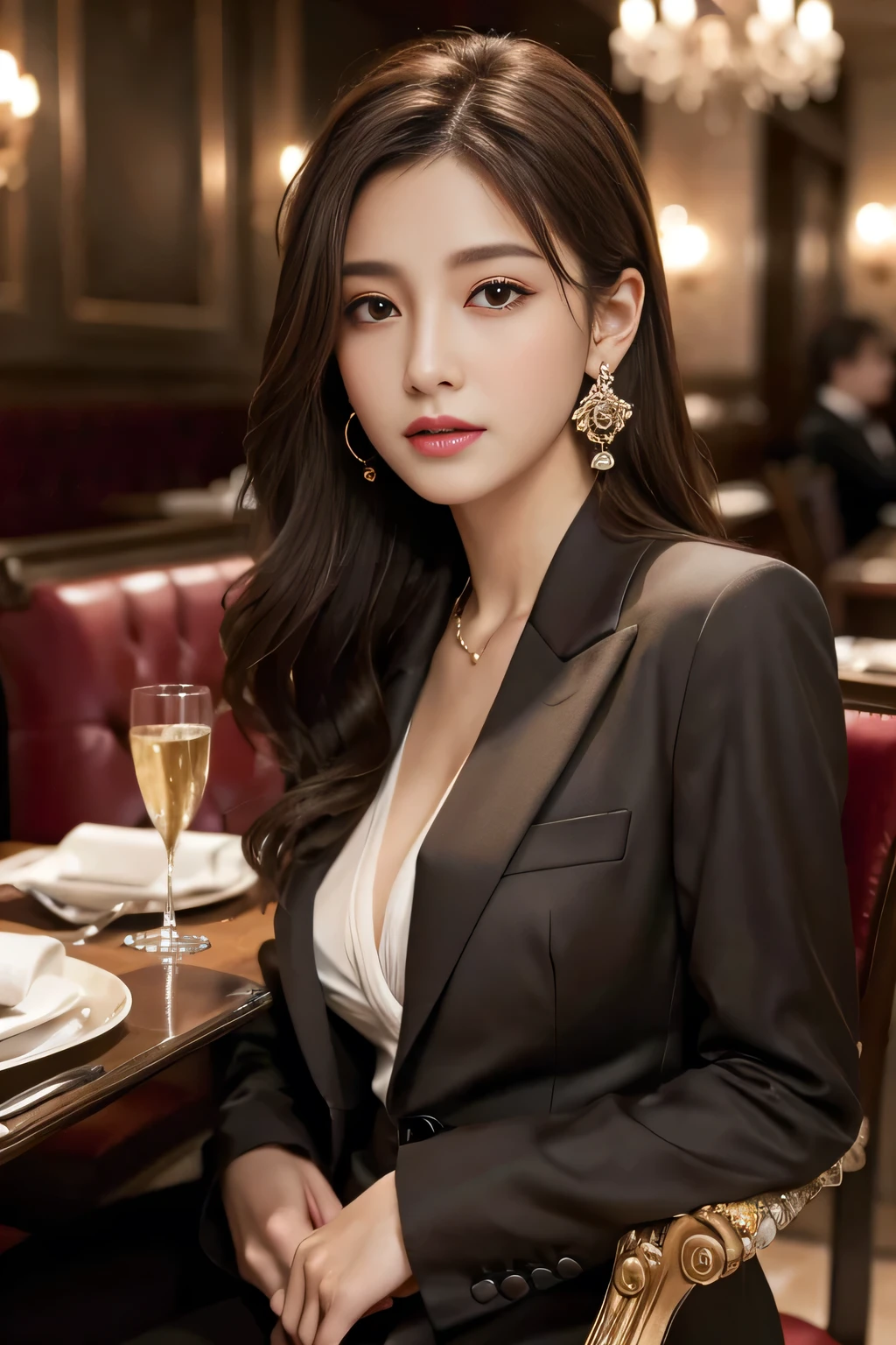 masterpiece, Highest quality, Realistic, Very detailed, Finer details, High resolution, 8k wallpaper, One beautiful woman,Wear a nice suit, In a great restaurant, At night, Light brown messy hair, Perfect dynamic composition, Beautiful and beautiful eyes、Big earrings、Sit on a chair