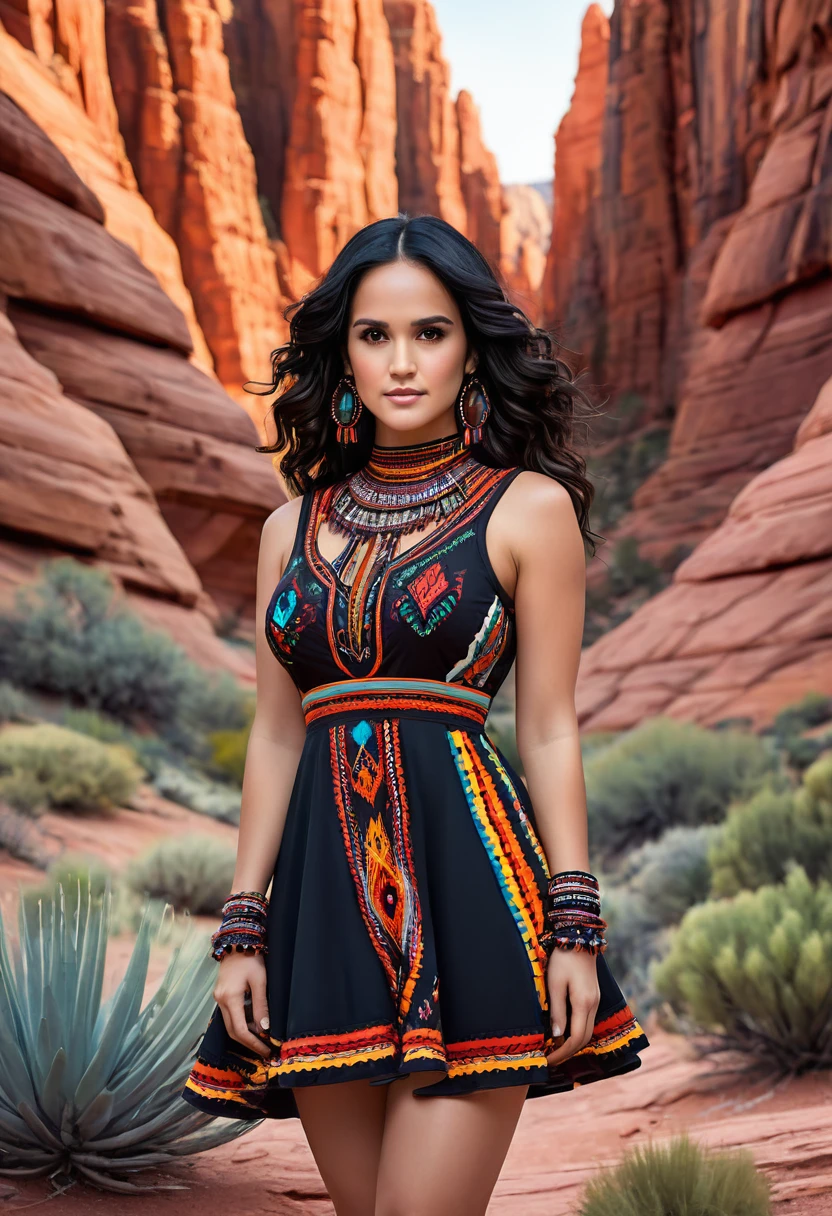 Beautiful boho women stunning merge of Melissa Fumero. with colorful southwestern style dress. colorful southwestern earing and. jewelry dark-black colored hair that is coarse, wiry, and tightly curled. It often has a rough texture, feels stiff to the touch, and may be prone to frizz and tangling. The curls can be densely packed. The Official Art – An Award-Winning Digital Masterpiece In 4K Ultra HD, Extreme Detail And Intricate Realism. symmetrical face. This Concept Art Brought To Life By The Hands Of Artists Like Wlop & Artgerm In A Stunning 2D Vector Illustration. large, perky, full, vuluptious, symmetrical and spherical breasts. Background is a beautiful panoramic vista of a red rock canyon.