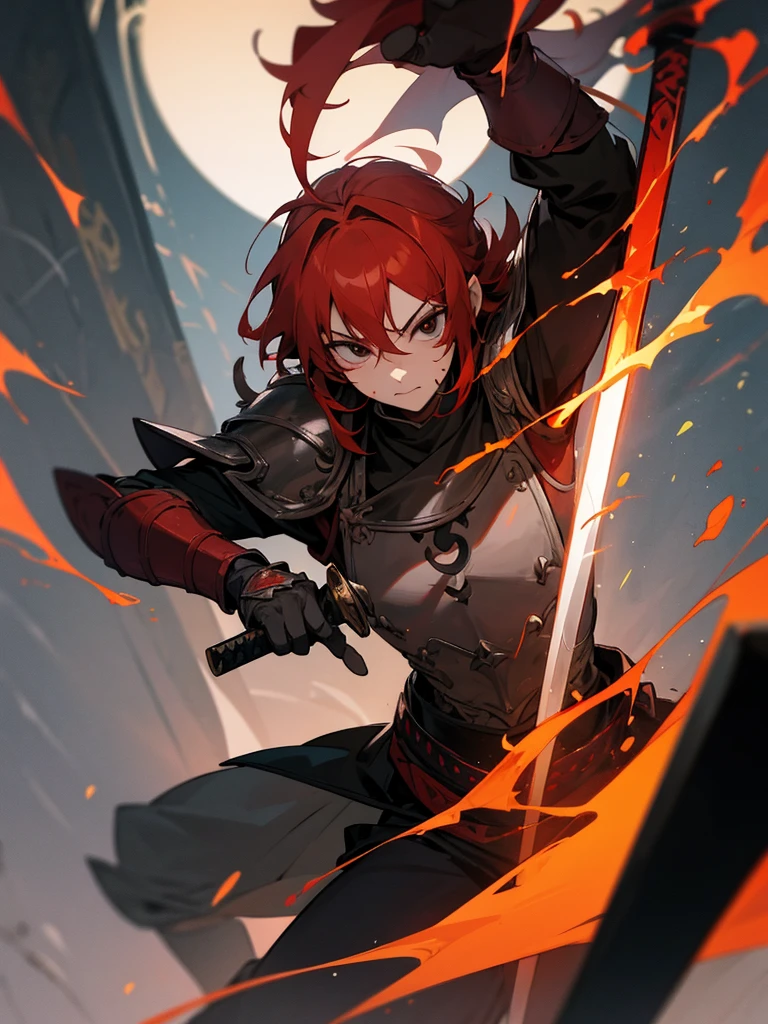 Rakshasa-ten Red hair Black armor Burning halo Black eyes Holds the evil-destroying sword
