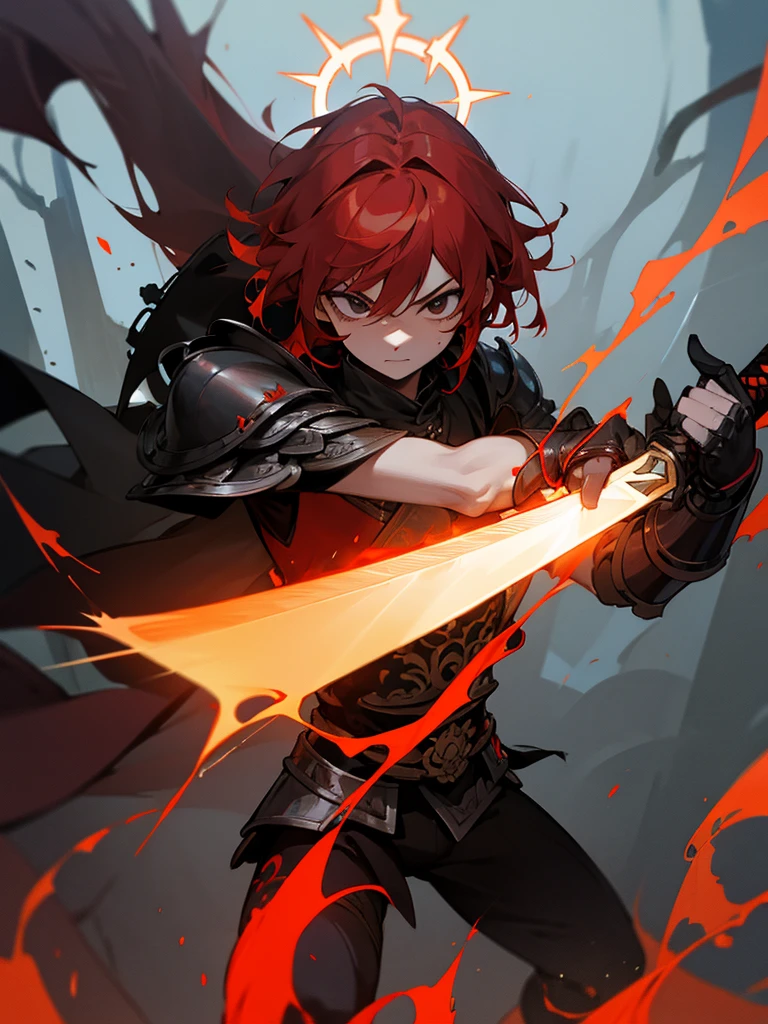 Rakshasa-ten Red hair Black armor Burning halo Black eyes Holds the evil-destroying sword