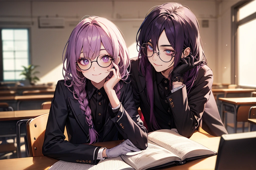 men's,single braid hair,violet colored hair,(Eye 1:2,Clear eyes,Elaborate Eyes,Delicate pupils,Good eyes,eye detailed),Face Focus,Adult,In black suit,best qualtiy,facial detailing,Classroom,sit on desk,sitting in the couch,lazy,Detailed background,diffuse sunlight,depth of fields,Studying Smiling at your desk, violet eyes,black gloves, round glasses, long sleeves,violet hair, smile,