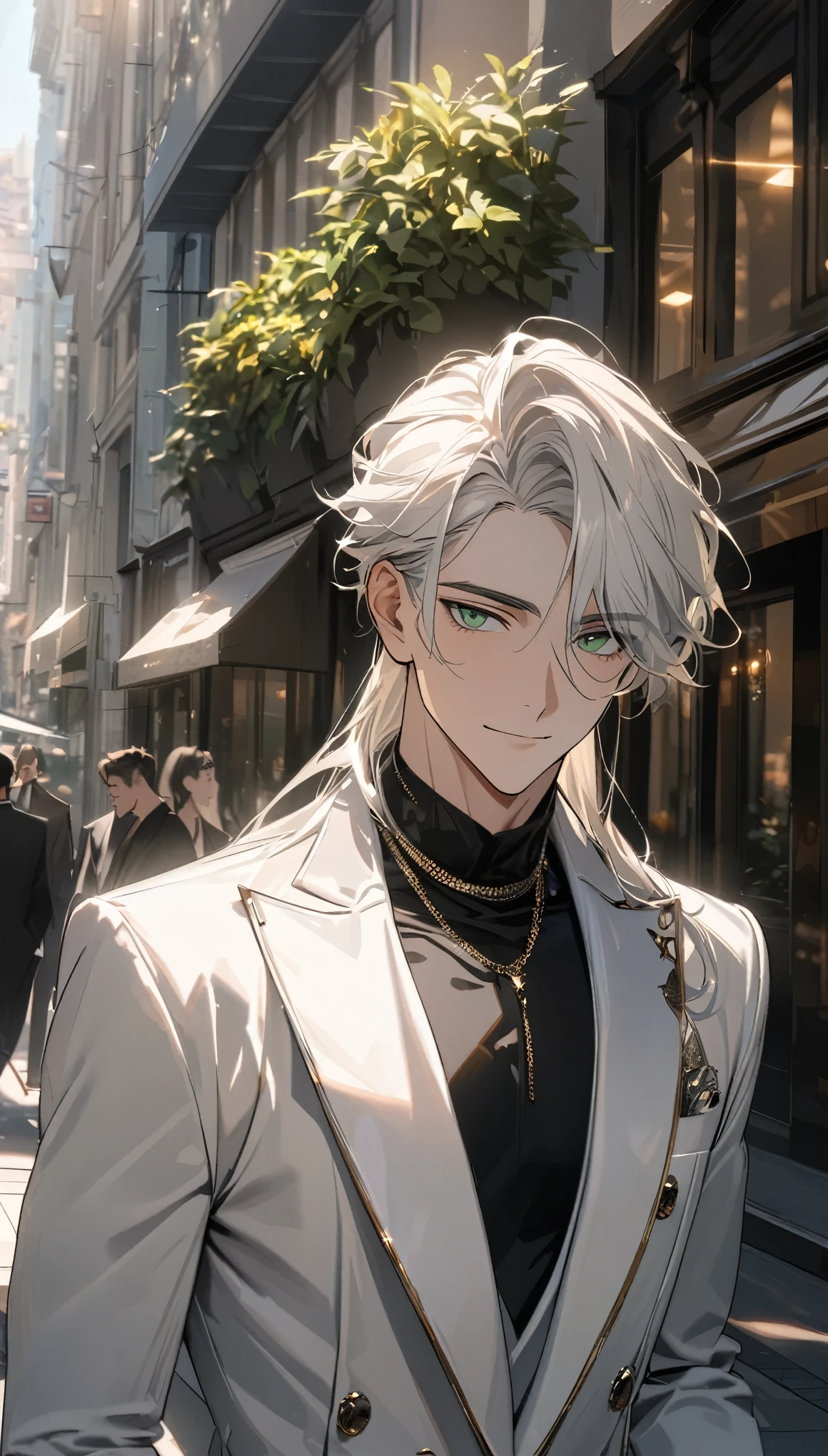 (masterpiece:1.5)，best quality，(1 Handsome man)，alone，white long length hair，(green eyes), (A soft smile)，elegant，perfect face，Luxurious modern clothing，Slightly muscular body，High，8k，Beautiful contrast of light and shadow，(complete upper body)，Positive face，((luxury street))，city center，daytime，plant，Flowers，anatomically correct，Black shirt，Luxurious white trench coat，Beautiful Boy，23 years old，Collar Chain，Lapel Pin