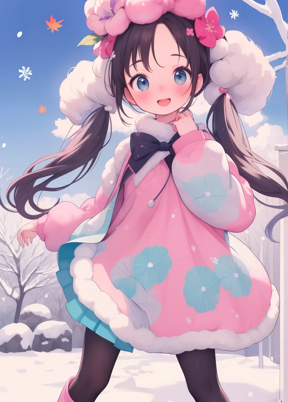 (masterpiece、Highest quality、Highest quality、Official Art、Beautiful and beautiful:1.2)、(One girl:1.3)Hatsune Miku、Twin tails,Beautiful breasts, Katsushika Hokusai,Please stand in front of the photo、One Girl,whole body,Short Bob, But long pigtails, Rainbow Hair,Knee-high boots,Open mouth and big smile、Cute pose、Flowing iridescent silk、Wearing colored tights、Close-up of face、Look up、Heart patterned contact lenses、Floral Dress、There is a flower in front of you、Snow Scene、season!!: Winters☀ 🍂