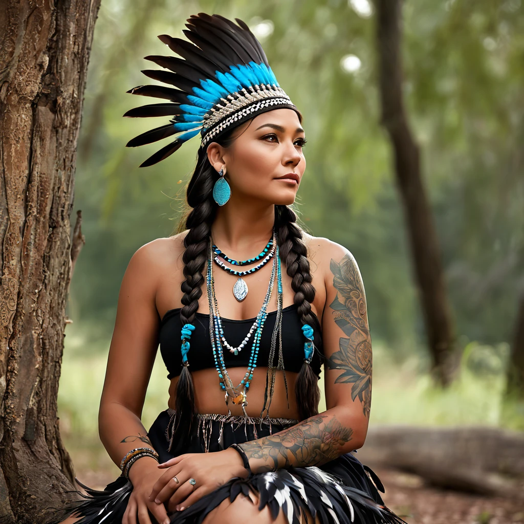 Realistic image of a beautiful native American woman sitting next big trees and flowers, alone, with long hair, looking at the viewer, black hair, brown eyes, jewelry, braid, earrings, dark skin, necklace, mole, dark-skinned woman, lips, tattoo, feathers, headdress, facial tattoo, Native American,
