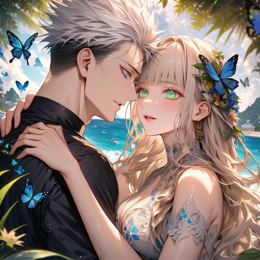 Ultra detailed, HDR, Highres, absurdres, master piece, Aida, ash blonde hair with bangs, expressive green eyes, Gojou Satoru, white hair with bangs, expressive blue eyes, black shirt, white dress with patterns, Jujutsu Kaisen, flowers, butterflies, fantasy, magical, green leaves, summer, a beautiful woman together with a handsome man, couple, love, sensual, island, sexy
