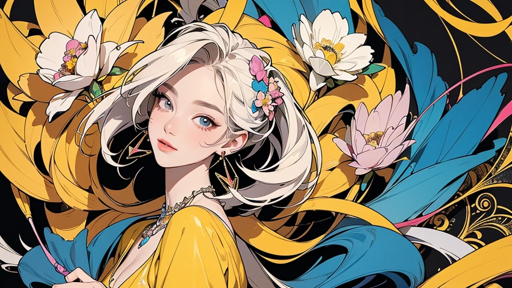 32K, 最高quality, 最高masterpiece, (ultra-Detailed Background, Detailed Background), Absurd, High resolution, Super detailed, Very detailedな, One girl, (bouquet:1.3), (Tangled:1.2), (Geometric:1.2),(colorful),(masterpiece, quality, best quality, Official Art, Beautiful and beautiful:1.2), (1 girl:1.3), Very detailed,(colorful:1.1)(Flowers:1.3),Most detailed,(Tangled:1.2), whole body, (Abstract background:1.3), (Skin glows), (Many colors:1.4), ,(Earrings Jewelry:1.5), Pale yellow background,