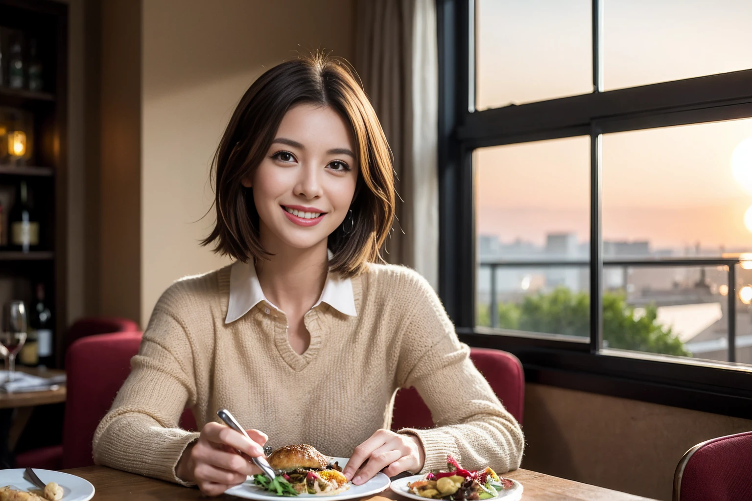 (Realistic:1.1),(masterpiece,Highest quality),8k,(49 years old), 47 years old, slimカップル、Model Couple、actress/actor、Tight waist,Upper Body,full-course dinner、wine 、Amazing view of the sunset sky and clouds、Perfect Anatomy, Brown Hair, short hair,Random Hairstyles,((Highly detailed face and eyes:1.2)),Perfect golden ratio face,Long sleeve shirt、dress,(smile:1.2)、Shortcuts、cute、(Realistic, Intricate details:1.2), A bright smile、short hair,Bright Face、赤wine 、Appetizers、Italian food、wine bottle、Champagne、スパークリングwine、(slimな顔), (The body is slim), (Brown Hair), (Shortcuts), Upper Body, 白wine, slim, wineグラス,