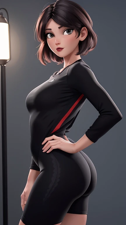 (best qualityer:1.4), body focus, (cute face), work of art, ultrarealistic, (((best qualityer))), ((comely Finger)), Gorgeous character design, ,lighting perfeita, colorfully, Ablaze_front_face_lighting, ultra high resolution, high resolution, absurderes:1.2, bokeh:1.2, Lens flare, (Vibrant_colour:1.2), (comely, medium breasts:1.2), (thick-thighs:1.1), thick,
Animated female character, sideways back, vista de cima, empinando a bunda, top view, Pale skin, ((wearing a skin-tight black lycra jumpsuit shorts adidas stripes)), ((wearing lycra shorts adidas stripes)) silver necklace with pendant, wrinkles, Red lips, long hair, ((view from the side))