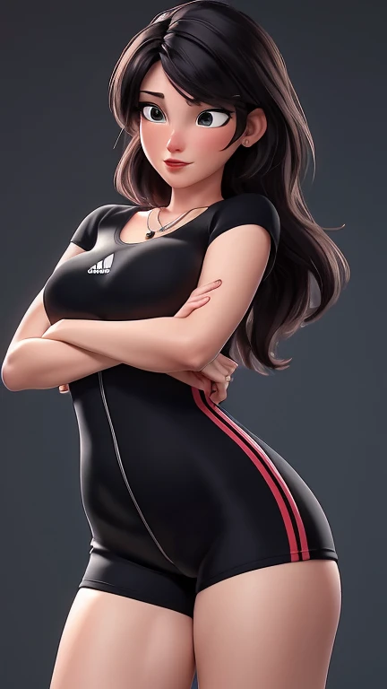 (best qualityer:1.4), body focus, (cute face), work of art, ultrarealistic, (((best qualityer))), ((comely Finger)), Gorgeous character design, ,lighting perfeita, colorfully, Ablaze_front_face_lighting, ultra high resolution, high resolution, absurderes:1.2, bokeh:1.2, Lens flare, (Vibrant_colour:1.2), (comely, medium breasts:1.2), (thick-thighs:1.1), thick,
Animated female character, sideways back, vista de cima, empinando a bunda, top view, Pale skin, ((wearing a skin-tight black lycra jumpsuit shorts adidas stripes)), ((wearing lycra shorts adidas stripes)) silver necklace with pendant, wrinkles, Red lips, long hair, ((view from the side))