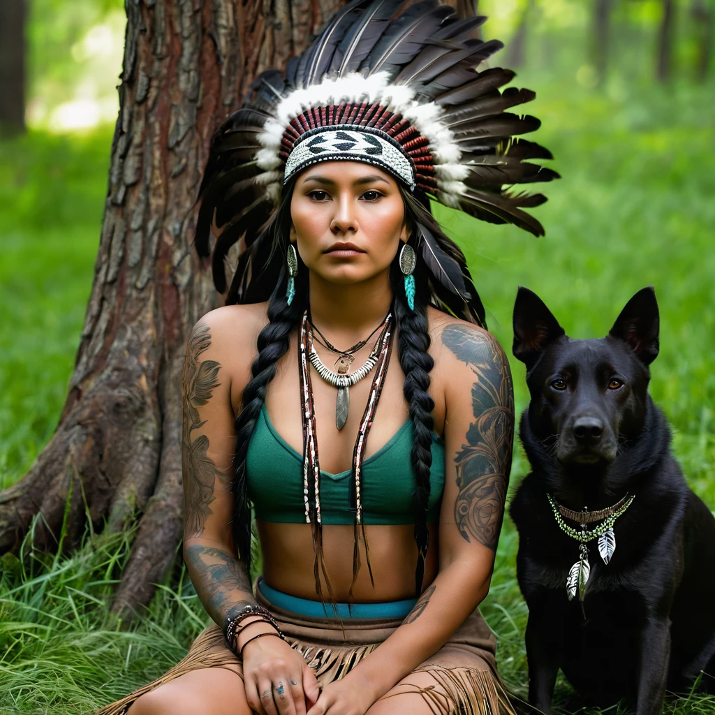 Realistic image of a beautiful Native American woman, alone, with long hair, looking at the viewer, black hair, brown eyes, jewelry, braid, earrings, dark skin, necklace, mole, dark-skinned woman, lips, tattoo, feathers, headdress, facial tattoo, Native America, sitting on the green grass in the forest tree and her dog