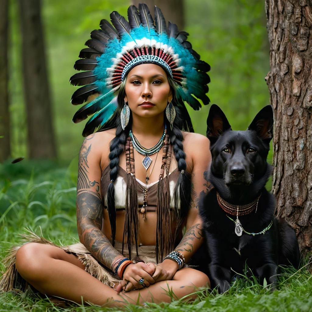 Realistic image of a beautiful Native American woman, alone, with long hair, looking at the viewer, black hair, brown eyes, jewelry, braid, earrings, dark skin, necklace, mole, dark-skinned woman, lips, tattoo, feathers, headdress, facial tattoo, Native America, sitting on the green grass in the forest tree and her dog