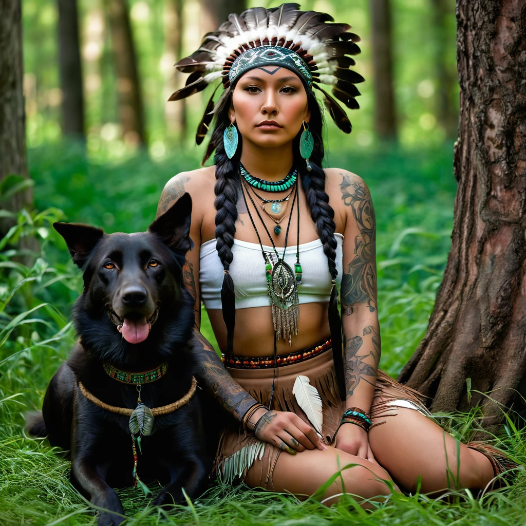 Realistic image of a beautiful Native American woman, alone, with long hair, looking at the viewer, black hair, brown eyes, jewelry, braid, earrings, dark skin, necklace, mole, dark-skinned woman, lips, tattoo, feathers, headdress, facial tattoo, Native America, sitting on the green grass in the forest tree and her dog