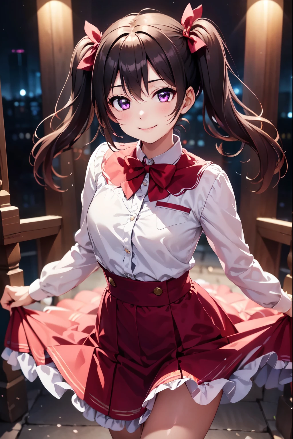 Highest quality、High resolution、Shooting from the front、niko_Yazawa、uniform, Highly detailed face、smile、Closed Mouth、Beautiful purple eyes、Twin tails、wonderful,Splendor, (Colorful1.2), wonderful写真, Dramatic lighting, Absolute reference to the center、4Ｋ，8Ｋ,(Genuine、Genuine志向、写真Genuine志向：1.10)、High resolution、超High resolution、ultra high definition paintings、whole body、Long skirt、Cowboy Shot、Long Skirt