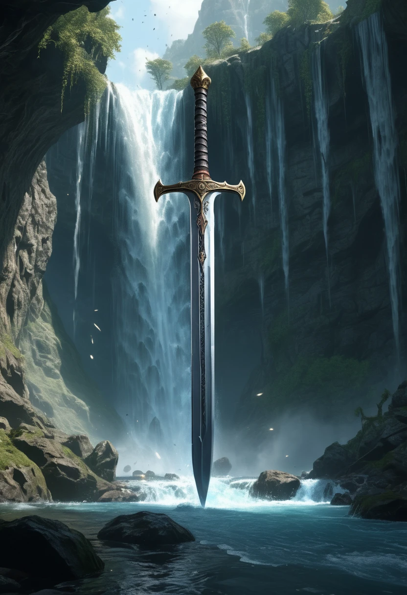 A huge sword under the Waterfall, fantasy art, (best quality, masterpiece, Representative work, official art, Professional, Ultra intricate detailed, 8k:1.3)