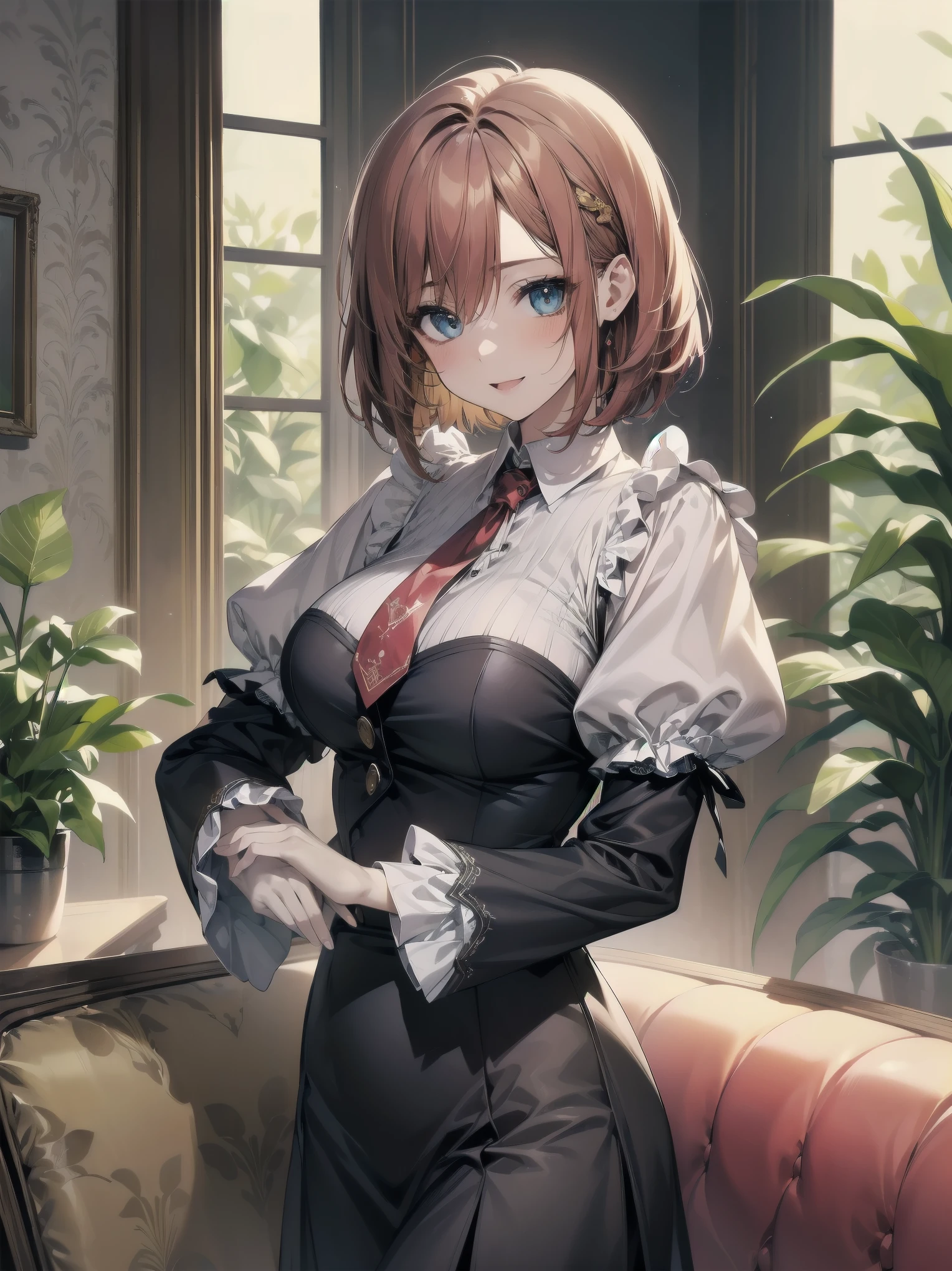 Scene Description: - Composition: Portrait. Focus on the face. Shot from the front. - Subject: Cute girl. (Chibi:1.1). Real person. - Features: - Face: (Cute round face:1.2). - Eyes: Detailed dark blue eyes. - Hair: One-leg bob-cut hair down the front with a large ribbon hairpiece, (golden hair), (red inner hair), auburn hair, hair between the eyes. - Body: Detailed slender body. Large breasts. - Clothing: Pink ruffled blouse, flares, blue ribbon tie, long ruffled sleeves, layered skirt. - Expression: happy expression. Mouth open. - Pose: head tilted back. She is looking at the viewer. - Background: living room of a trendy café. - Elements: Houseplants. Cute pastel sofa. Cute pastel curtains. Cute pastel-colored wallpaper. Time: Daytime. Lighting: (Natural light: 1.4). Art Style: Watercolor. Traditional media. Quality: Intricate details. Highly detailed. Outstanding complexity. (Masterpiece: 1.2). (Highest quality: 1.2). (Absurd absolute resolution: 1.4). Mood: Calm,