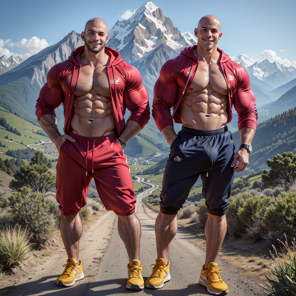 masterpiece, 8k, high resolution, best quality, ultra detailed), full body, 1 man, he is very tall, bodybuilder, huge and exaggerated muscles, hot, perfect elongated face, handsome, bald, deep and detailed eyes, bald, shaved head, body perfect, 30 years old, muscular, very tall, pale skin, very white skin, very tall (he is about 6 feet 5 inches, very muscular, big pecs, big shoulders, well-defined abs, smiling, attractive, winner, he is a model, during The day has a bright and dynamic sun, he poses on the landscape with the mountains in the background, clothes for the cold, a long-sleeved red hoodie that covers his chest, and a wide dark blue jogger up to the top. ankle length, big bulge, shirt, camisole, designer shirt, yellow sneakers, all the clothes perfectly cover the extremely muscular bodybuilder body. pose randomly