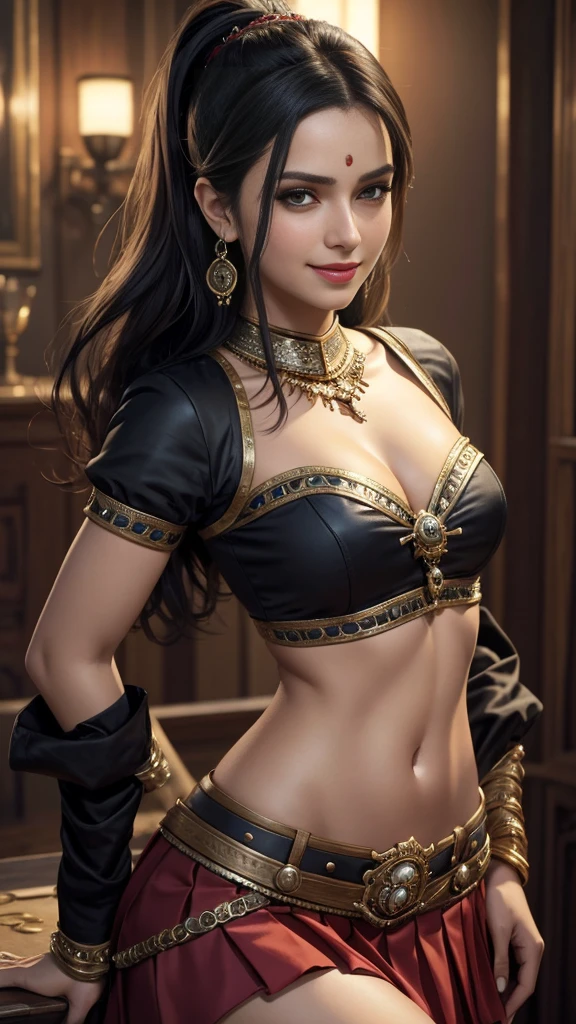 "((top-quality)), ((masterpiece)), (detaileds: 1.4), 3D Realistic Oil Painting , Sexy and charming pirate Shhuta Basad smiling mischievously, sexy midriff, Slim waist, epaulette, Seductive cleavage, Pleated mini-skirt, Sharp details, Frivolous and scandalous, bright skin, Enchanting night、Ron Hicks Style, ArtGerm, by Greg Rutkowsky, Movie Rendering ",The most beautiful girls of real India