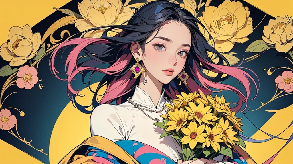 32K, 最高quality, 最高masterpiece, (ultra-Detailed Background, Detailed Background), Absurd, High resolution, Super detailed, Very detailedな, One girl, (bouquet:1.3), (Tangled:1.2), (Geometric:1.2),(colorful),(masterpiece, quality, best quality, Official Art, Beautiful and beautiful:1.2), (1 girl:1.3), Very detailed,(colorful:1.1)(Flowers:1.3),Most detailed,(Tangled:1.2), whole body, (Abstract background:1.3), (Skin glows), (Many colors:1.4), ,(Earrings Jewelry:1.5), Pale yellow background,