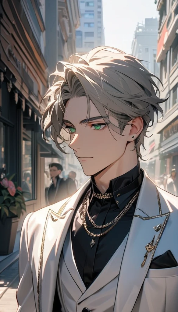 (masterpiece:1.5),best quality,(1 Handsome man),alone,white long length hair,(green eyes), (A soft smile),elegant,perfect face,Luxurious modern clothing,Slightly muscular body,High,8k,Beautiful contrast of light and shadow,(complete upper body),Positive face,((luxury street)),city center,daytime,plant,Flowers,anatomically correct,Black shirt,Luxurious white trench coat,Beautiful Boy,23 years old,Collar Chain,Lapel Pin,Waistcoat