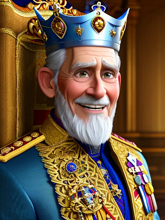 Pixarstyle A waist-high portrait of an elderly man with king clothes, crown, royalty, smile, natural skin texture, 4K textures, HDR, intricate, highly detailed, sharp focus, cinematic look, hyper-detailed