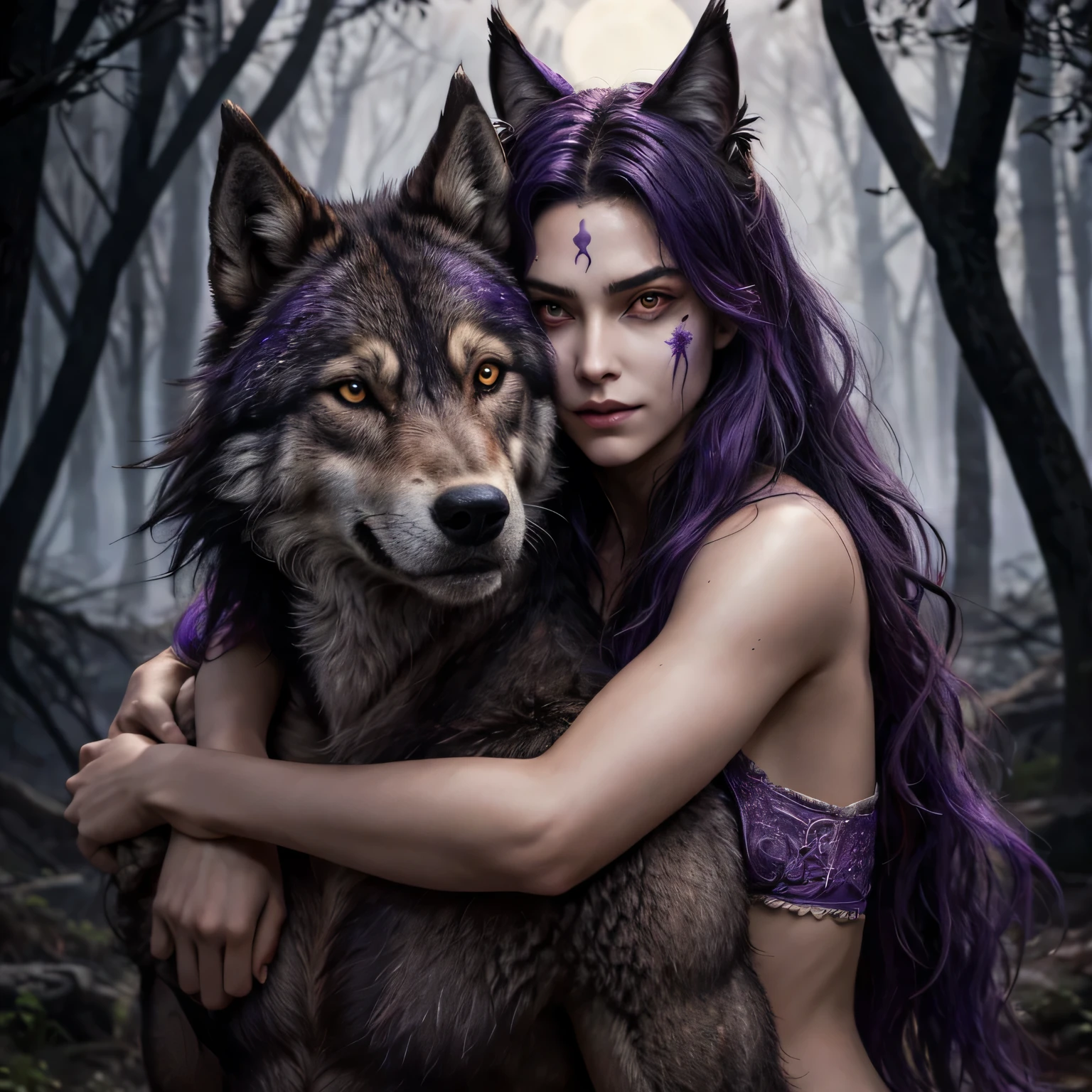 ((purple mist)), an ancient Greek huntress who commands a pack of wolves and ravens, with disheveled wild hair, burning wild eyes and a painted face. She is gently hugged by a werewolf male wolf, his eyes are burning with red fire, the ears of the wolf are moving on top of his head, the fur stands on end. Forest on the background of moonlight. Deep, rich colors and intricate details. Karn Griffiths and Charles Wess