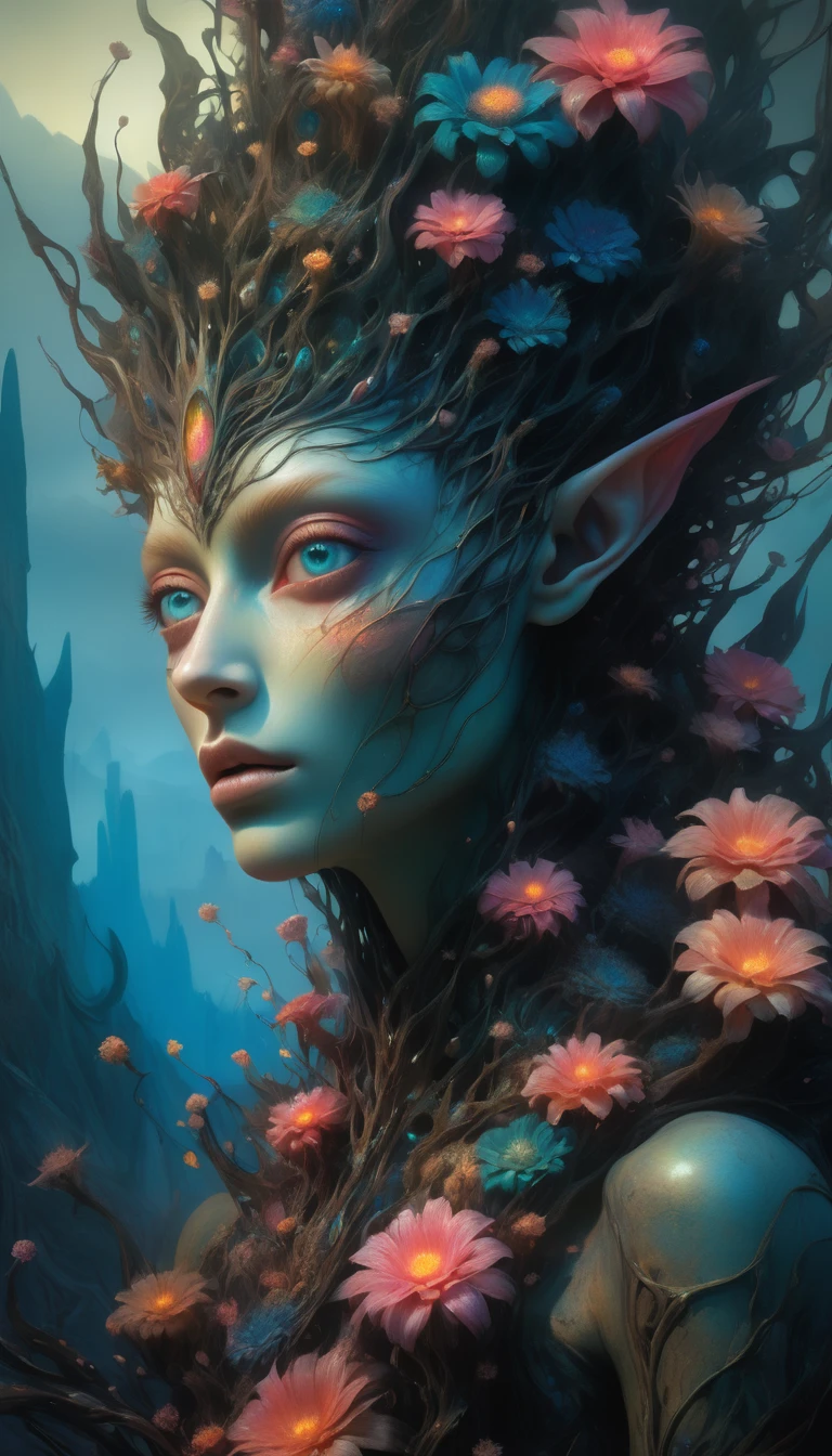 A surreal, weird elf stands in a disorienting dreamscape, its face a mesmerizing fractal of eyes and flowers, scaling and spiking in chaotic patterns. The elf's visage is warped and melting, shifting and fragmented in an uncanny, vibrant yet faded manner. The body is adorned with surreal, spiky scales, creating an unsettling and symbolic presence. The nightmarish scene blends the desolate dreamscapes of Zdzisław Beksiński, the bizarre alien creatures of Wayne Barlowe, the unsettling cryptids of Trevor Henderson, and the mind-bending digital manipulations of Dariusz Zawadzki, resulting in a cosmic, bizarre, and abstract vision.