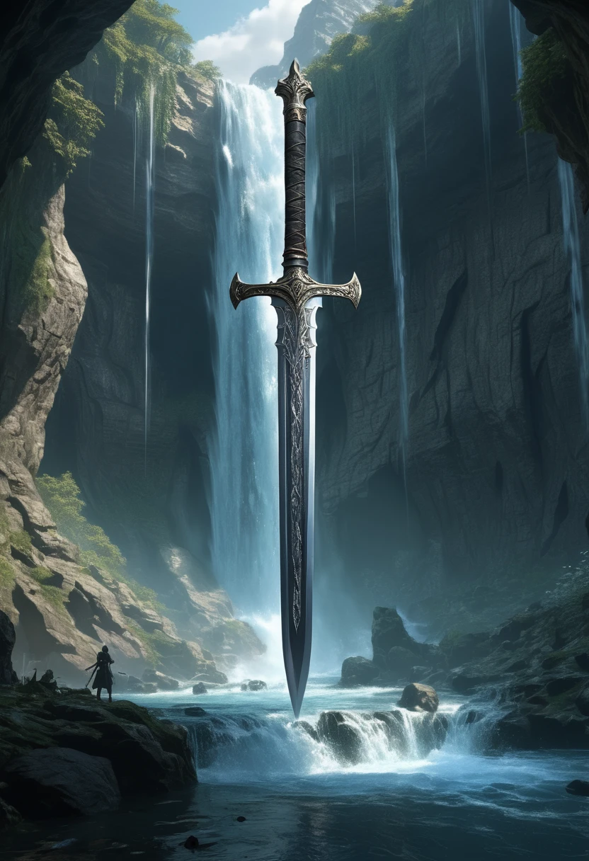 A huge sword under the Waterfall, fantasy art, (best quality, masterpiece, Representative work, official art, Professional, Ultra intricate detailed, 8k:1.3)
