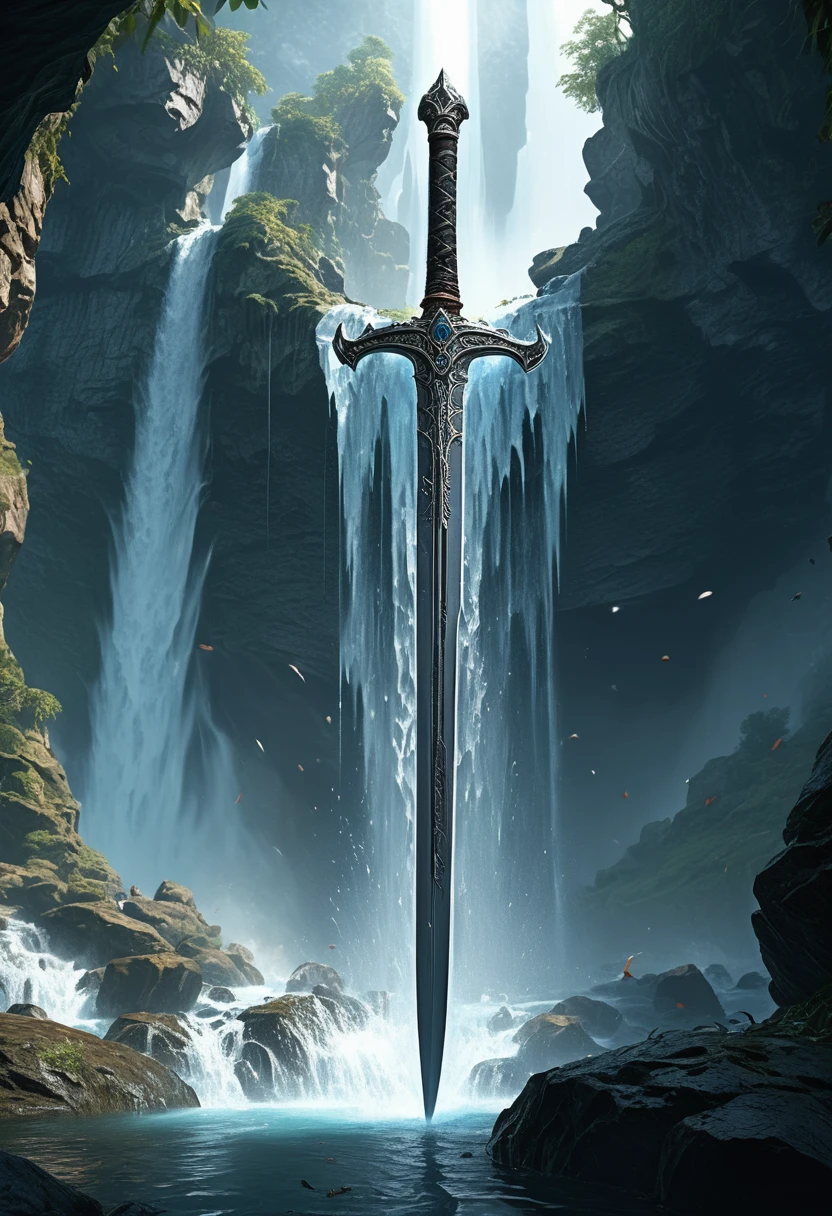 A huge sword under the Waterfall, fantasy art, (best quality, masterpiece, Representative work, official art, Professional, Ultra intricate detailed, 8k:1.3)