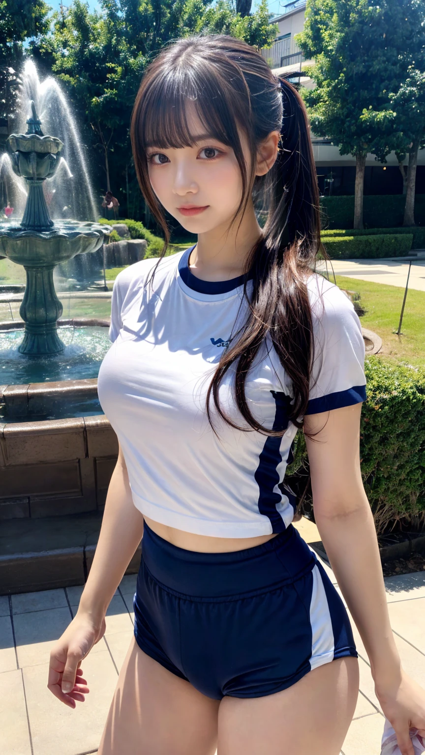 masterpiece, best quality, illustration, Super detailed, fine details, High resolution, 8K,wall paper, perfect dynamic composition,(Details High quality, realistic depiction of eyes:1.3), (short sleeve white t-shirt, navy short pants, gym clothes), middle hair, ponytail, sideburns, black hair color, Big Natural Color Lip, Large swollen breast, perfect body shape, crying a little、little smile、 Harajuku style、20 year old girl、cute type、lolita, hposing Gravure Idol, full body photo、focus on crotch, (park:1.2, fountain)