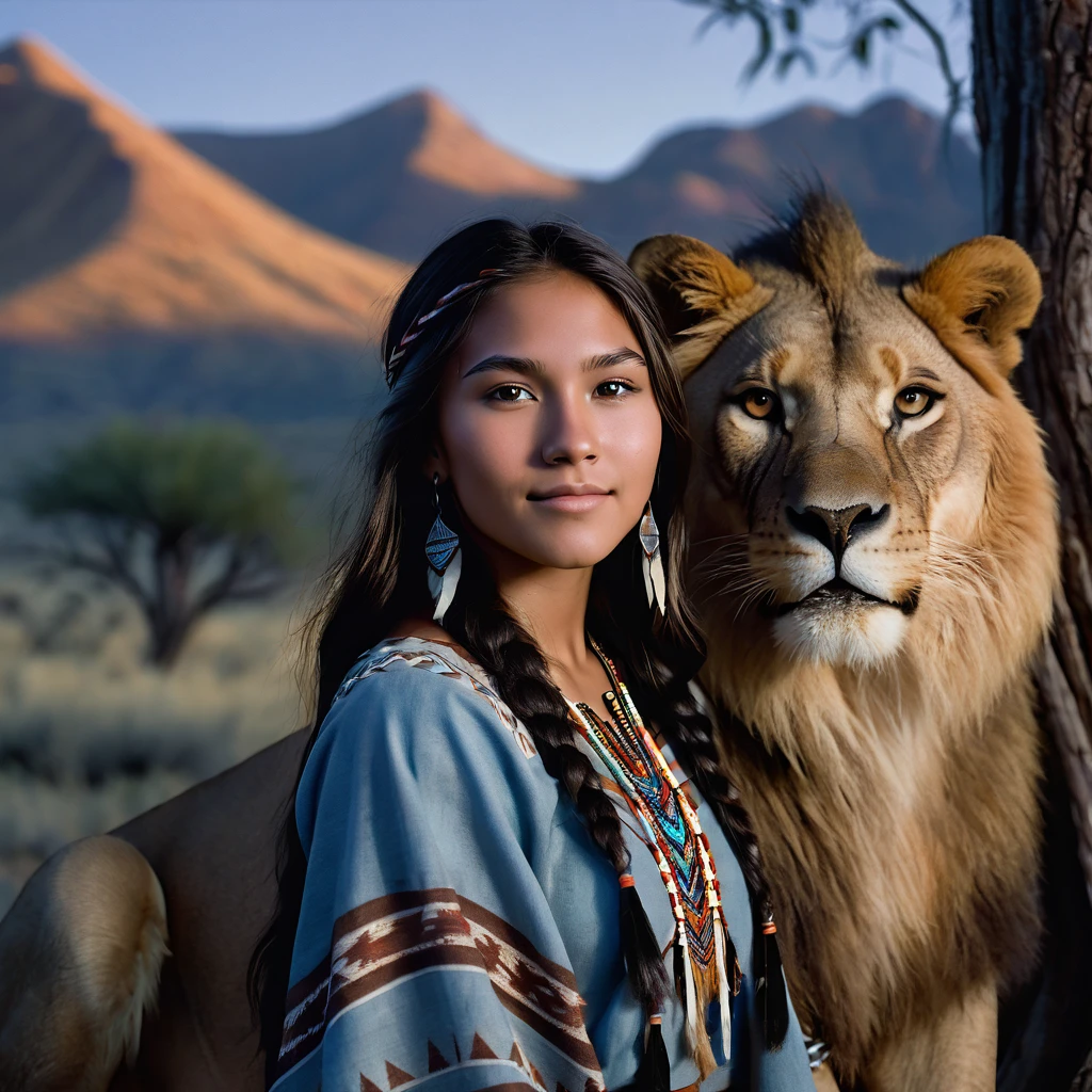 (grainy:0.5), cinematic, beautiful girl 25 year old,native american,fantasy,(solo:1.3), detailed eyes, detailed face, detailed native american clothing , volumetric lighting, dusk, extremely detailed background, standing next to tree and mountain, smiling, half closed eyes, tilted head, from side, sitting next to her lion