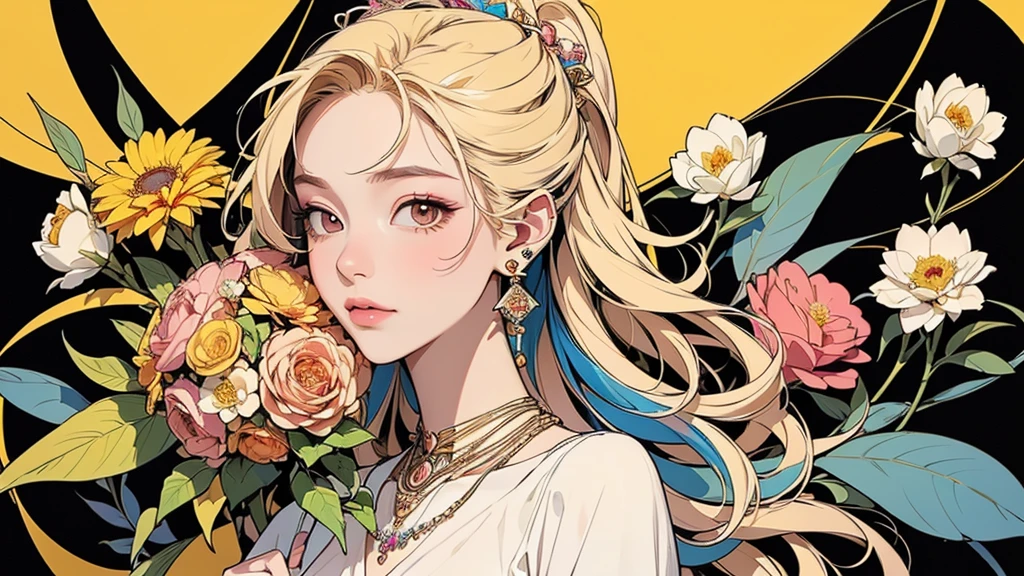 32K, 最高quality, 最高masterpiece, (ultra-Detailed Background, Detailed Background), Absurd, High resolution, Super detailed, Very detailedな, One girl, (bouquet:1.3), (Tangled:1.2), (Geometric:1.2),(colorful),(masterpiece, quality, best quality, Official Art, Beautiful and beautiful:1.2), (1 girl:1.3), Very detailed,(colorful:1.1)(Flowers:1.3),Most detailed,(Tangled:1.2), whole body, (Abstract background:1.3), (Skin glows), (Many colors:1.4), ,(Earrings Jewelry:1.5), Pale yellow background,