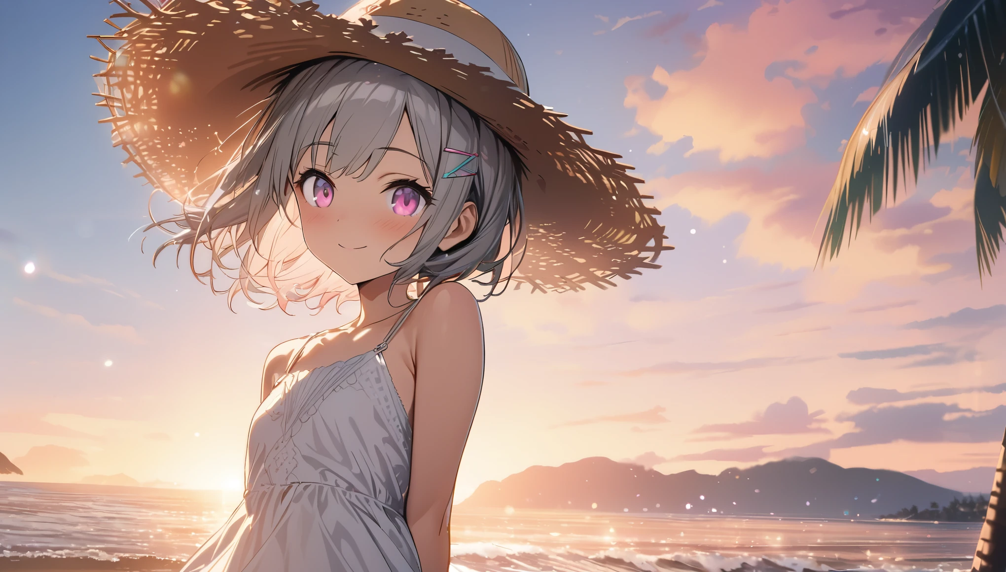 one girl, silver short hair and bob hair、I tied my hair in a bun with a hair clip..、beautiful pink eyes、smile、gentle smile on her face、flat chest, one Beautiful girl,((masterpiece, illustration, best quality) ((ultra-detailed))\、 Upper body, medium shot, a woman, detailed eyes, arms behind her back, dress, straw hat, smile, standing, seaside, sunset, coconut tree, beautiful sky, sea, 濃い青とBeautiful Blueのグラデーション, High resolution, 8K HD detail, hyper-detail, cinematic, surrealism, soft light, deep field focus bokeh, ray tracing and surrealism. --v6