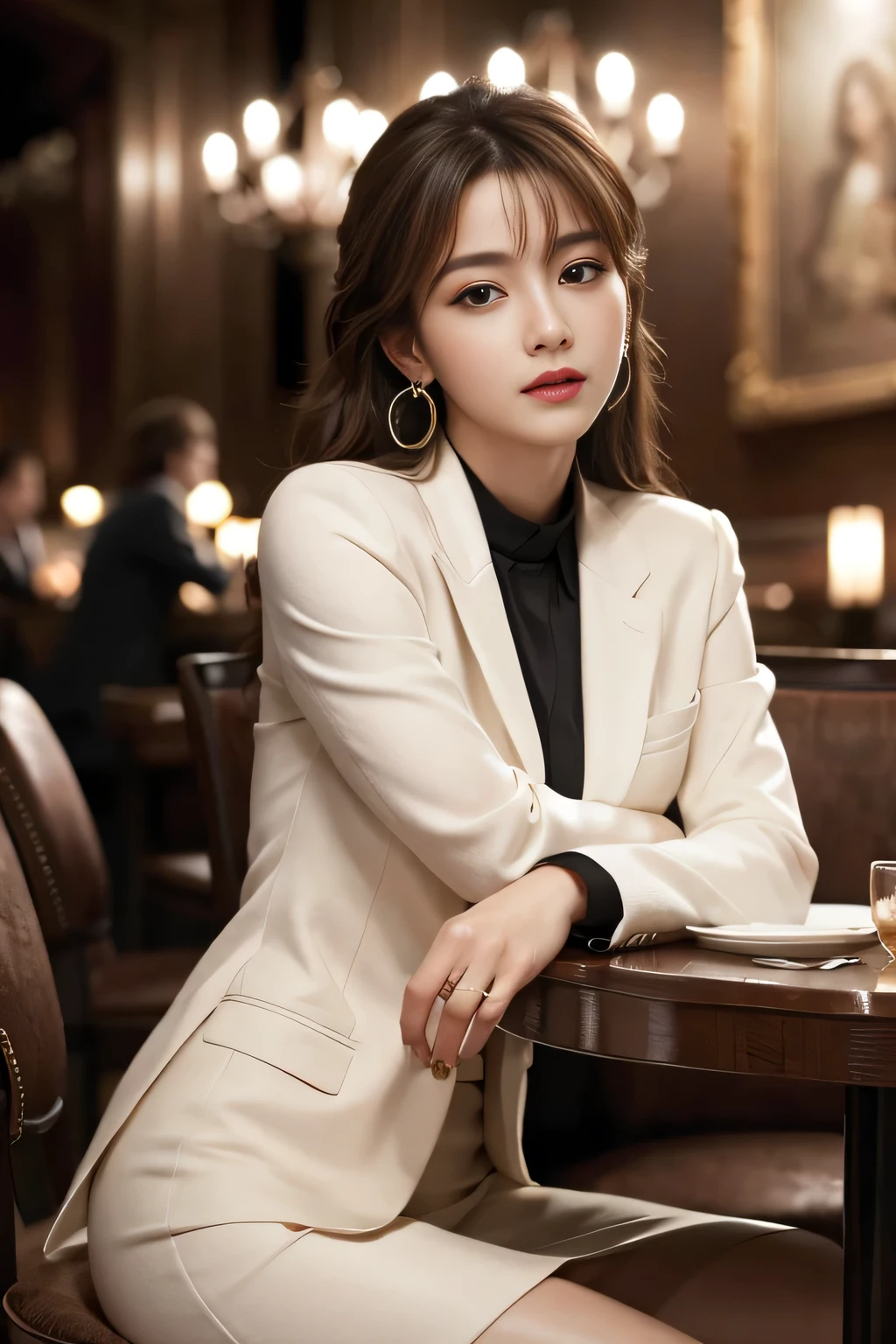 masterpiece, Highest quality, Realistic, Very detailed, Finer details, High resolution, 8k wallpaper, One beautiful woman,Wear a nice suit, In a great restaurant, At night, Light brown messy hair, Perfect dynamic composition, Beautiful and beautiful eyes、Big earrings、Sit on a chair