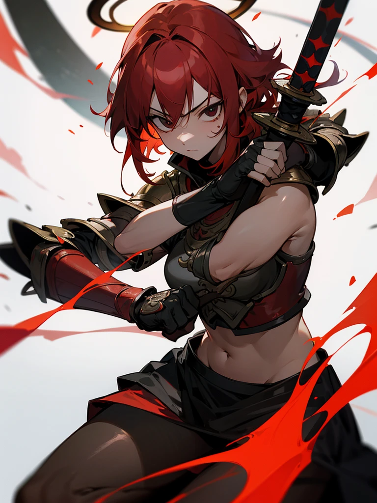 Rakshasa-ten Red hair Black armor Burning halo Black eyes Holding a sword