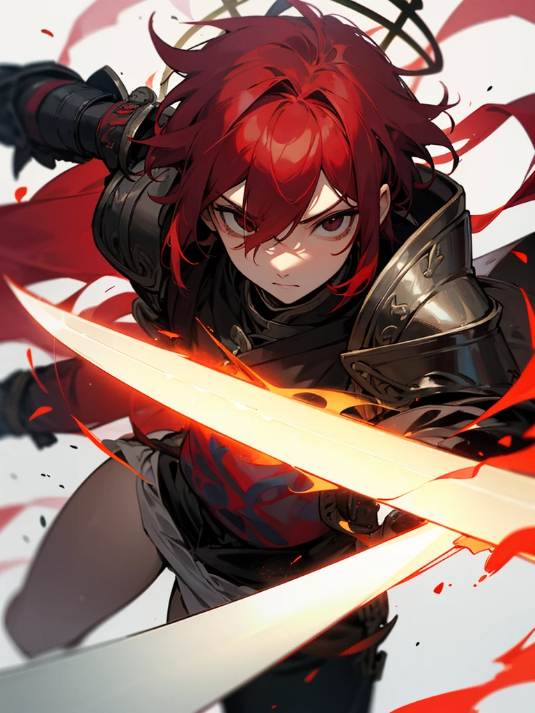 Rakshasa-ten Red hair Black armor Burning halo Black eyes Holding a sword