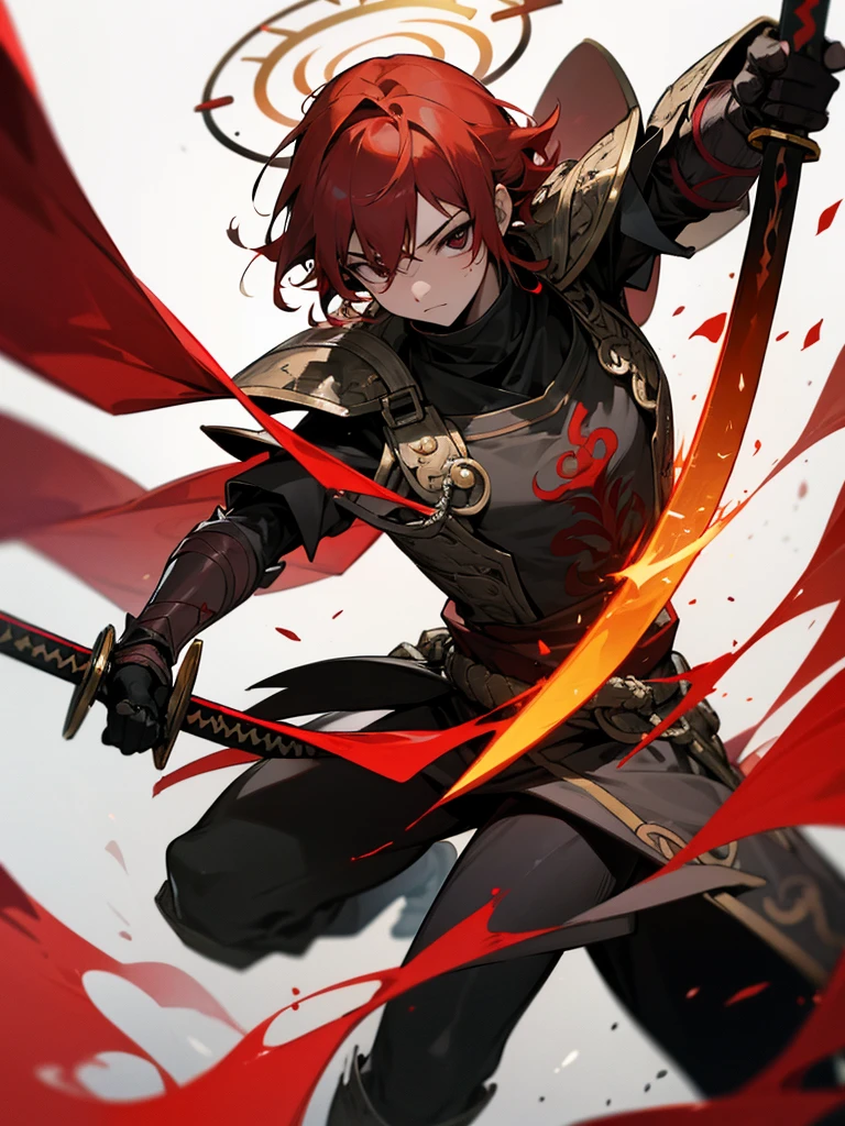 Rakshasa-ten Red hair Black armor Burning halo Black eyes Holding a sword