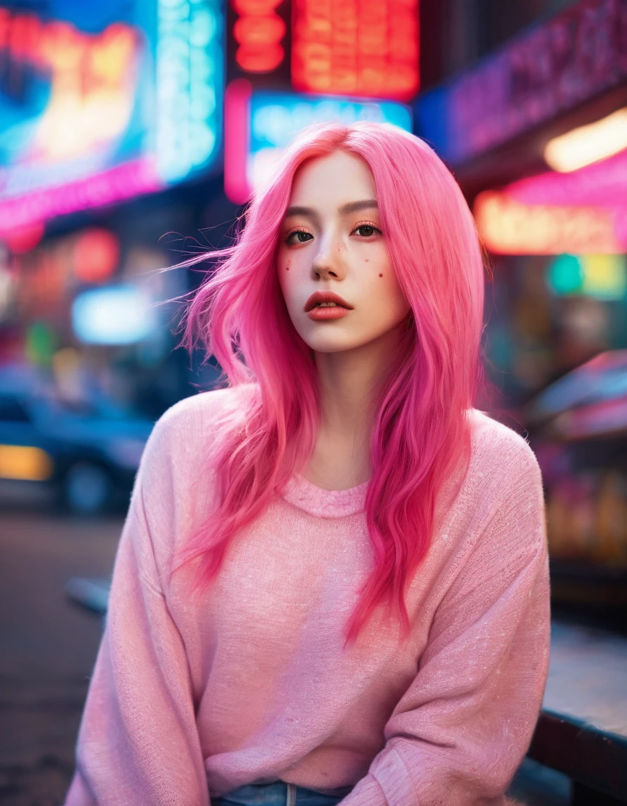 Beautiful woman with long pink hair( Unconventional Fashion), There is a red flower in front of her、Covering one eye and part of the face。., Natural light,Sitting in the neon lights of New York , Bright colors, Bokeh style, Styles of ultra-fine details, High quality photos,long range shooting