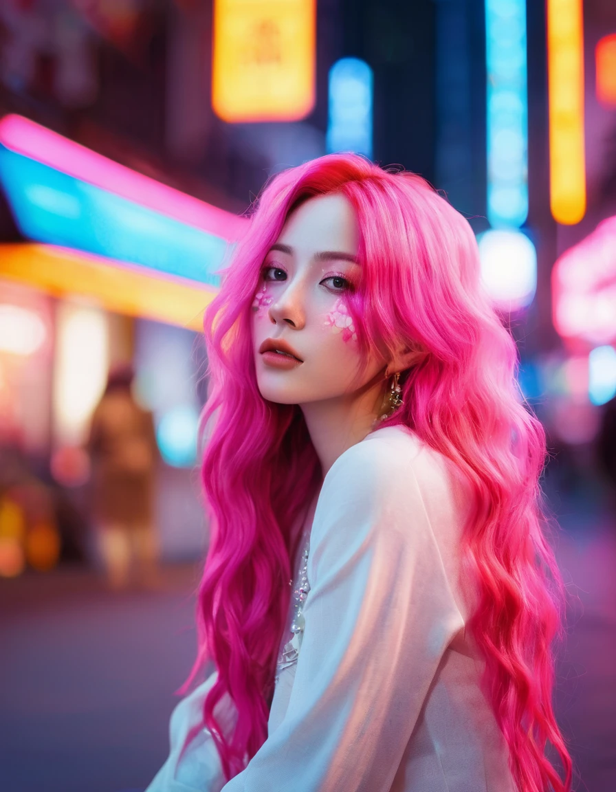 Beautiful woman with long pink hair( Unconventional Fashion), There is a red flower in front of her、Covering one eye and part of the face。., Natural light,Sitting in the neon lights of New York , Bright colors, Bokeh style, Styles of ultra-fine details, High quality photos,long range shooting
