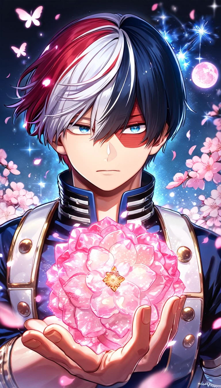 absurdres, highres, ultra detailed, HDR, master piece, best quality, extremely detailed, Todoroki Shouto, bicolored hair, right side of the hair white, left side of the hair red, expressive blue eyes, Boku No Hero Academia, solo, sexy man, handsome, dark blue hero clothes, magical, sparkling, pink glittering fireflies, pink ice, pink ice butterflies, pink ice petals, pink ice cherry blossoms, pink crystal, pink flowers, pink moon