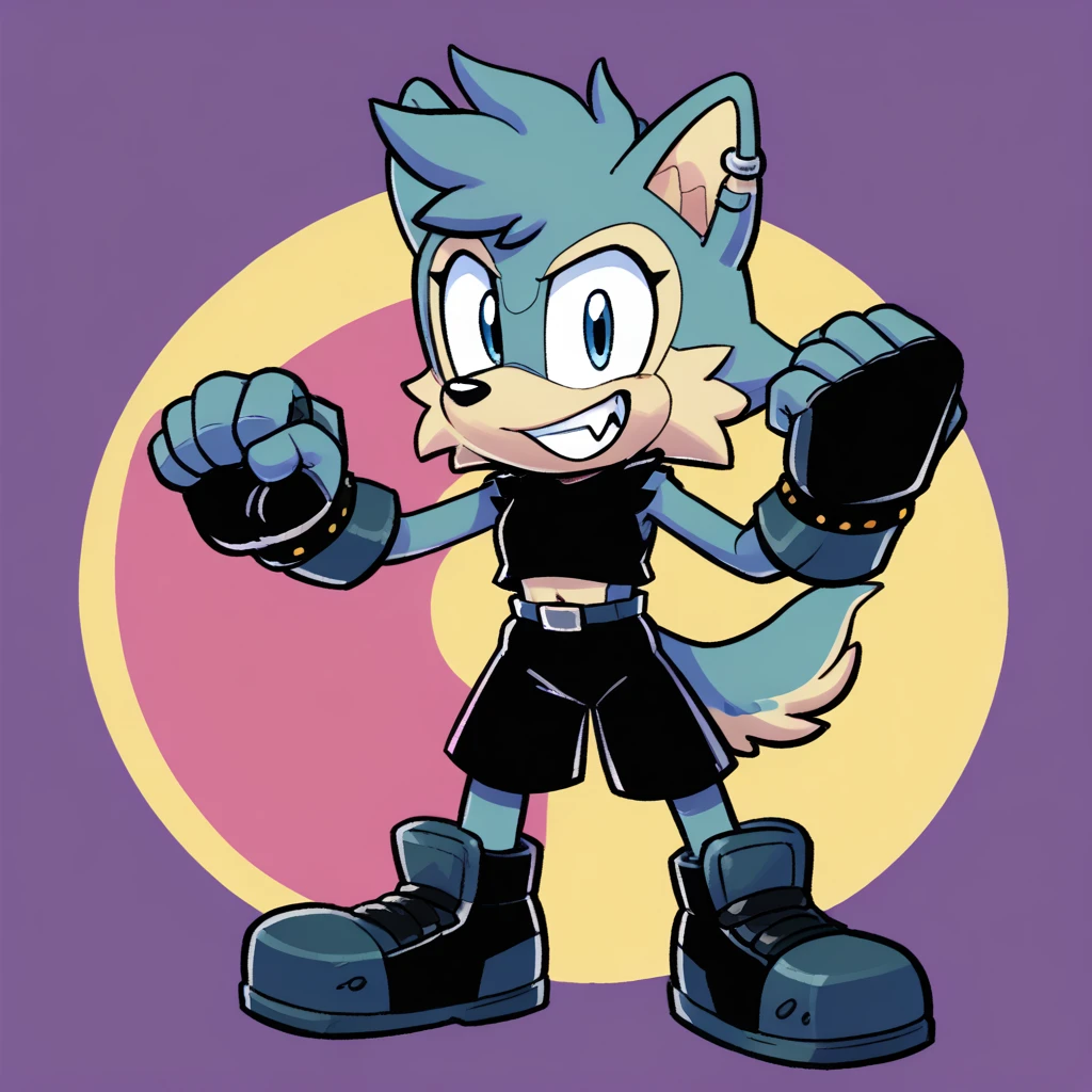 Custom avatar, Gadget the wolf character, wearing black shorts, in the cyberspace, cgi backround, doing a dyamic pose,