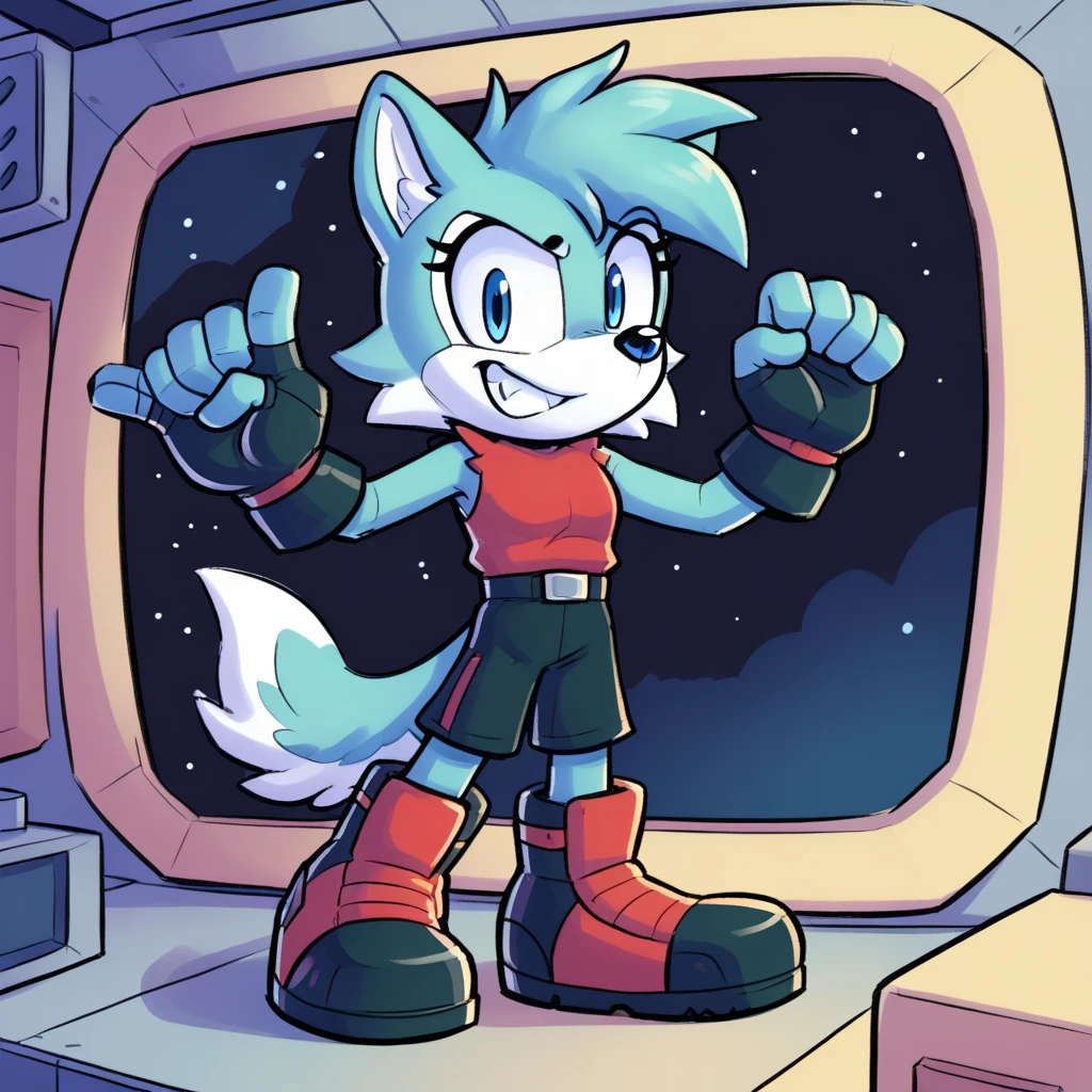 Custom avatar, Gadget the wolf character, wearing black shorts, in the cyberspace, cgi backround, doing a dyamic pose,